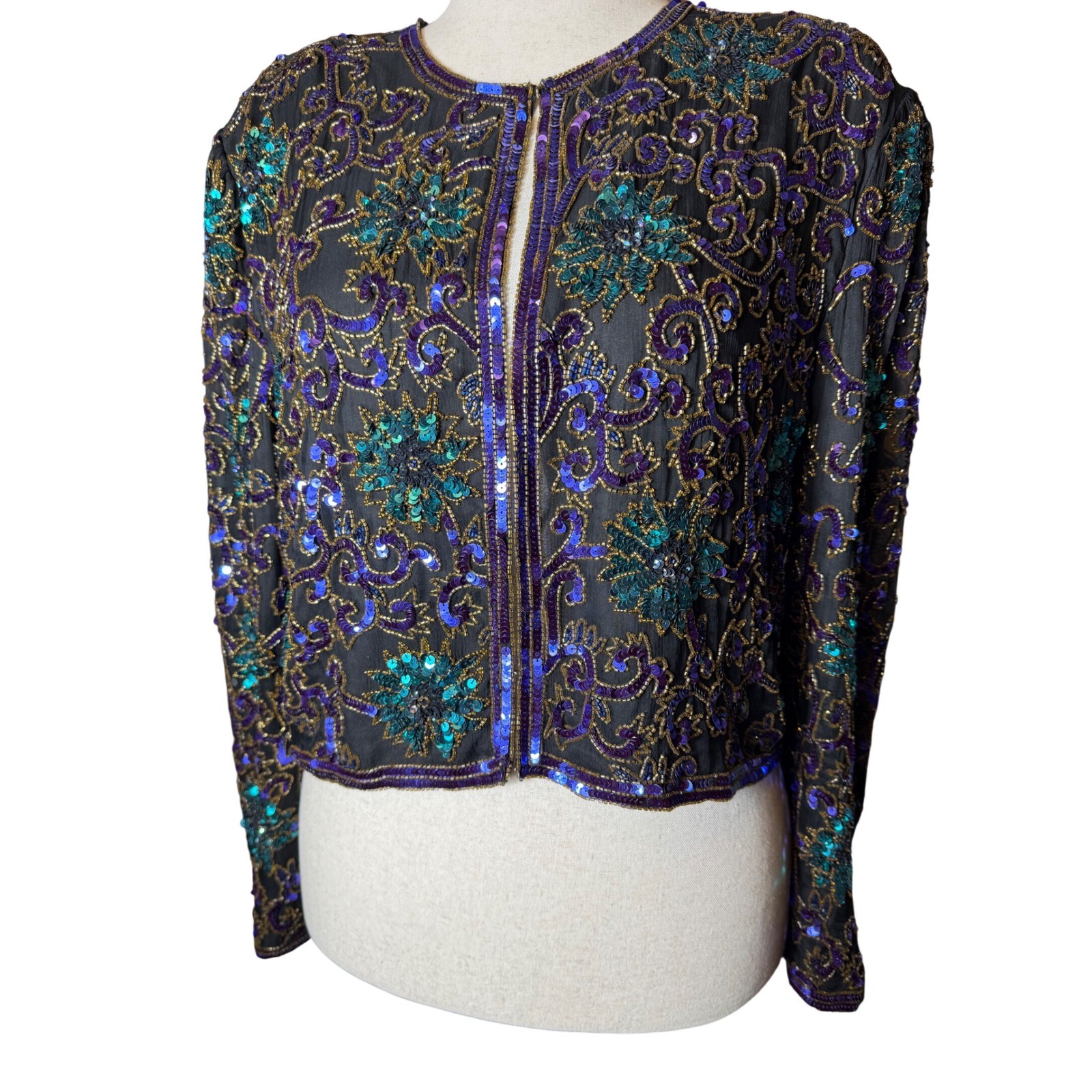 Scala Beaded Sequin Silk Jacket Womens M Black Teal Purple Excellent Vintage