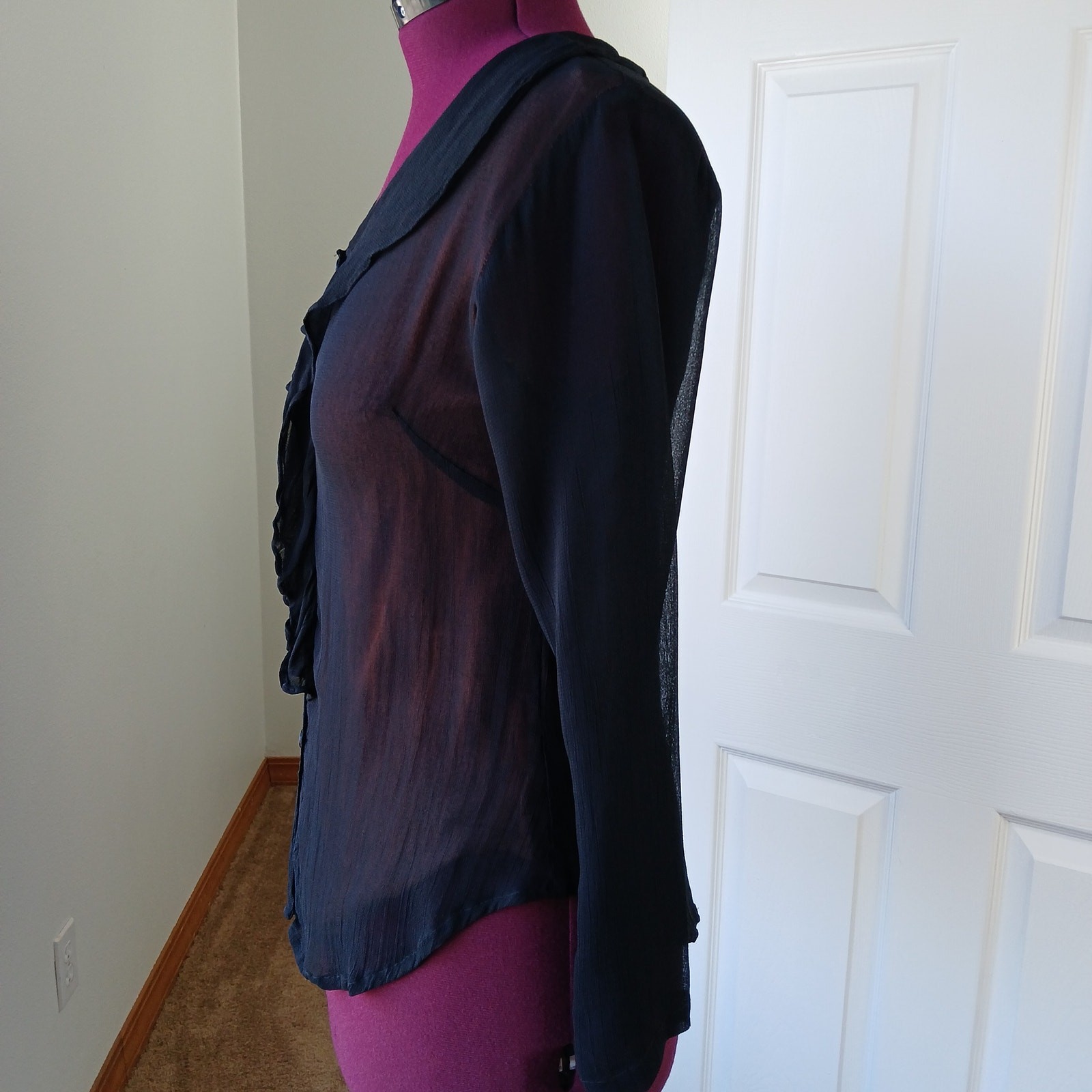 Vintage 90s Phool Ruffle Collar Blouse M sheer black button up orange lining