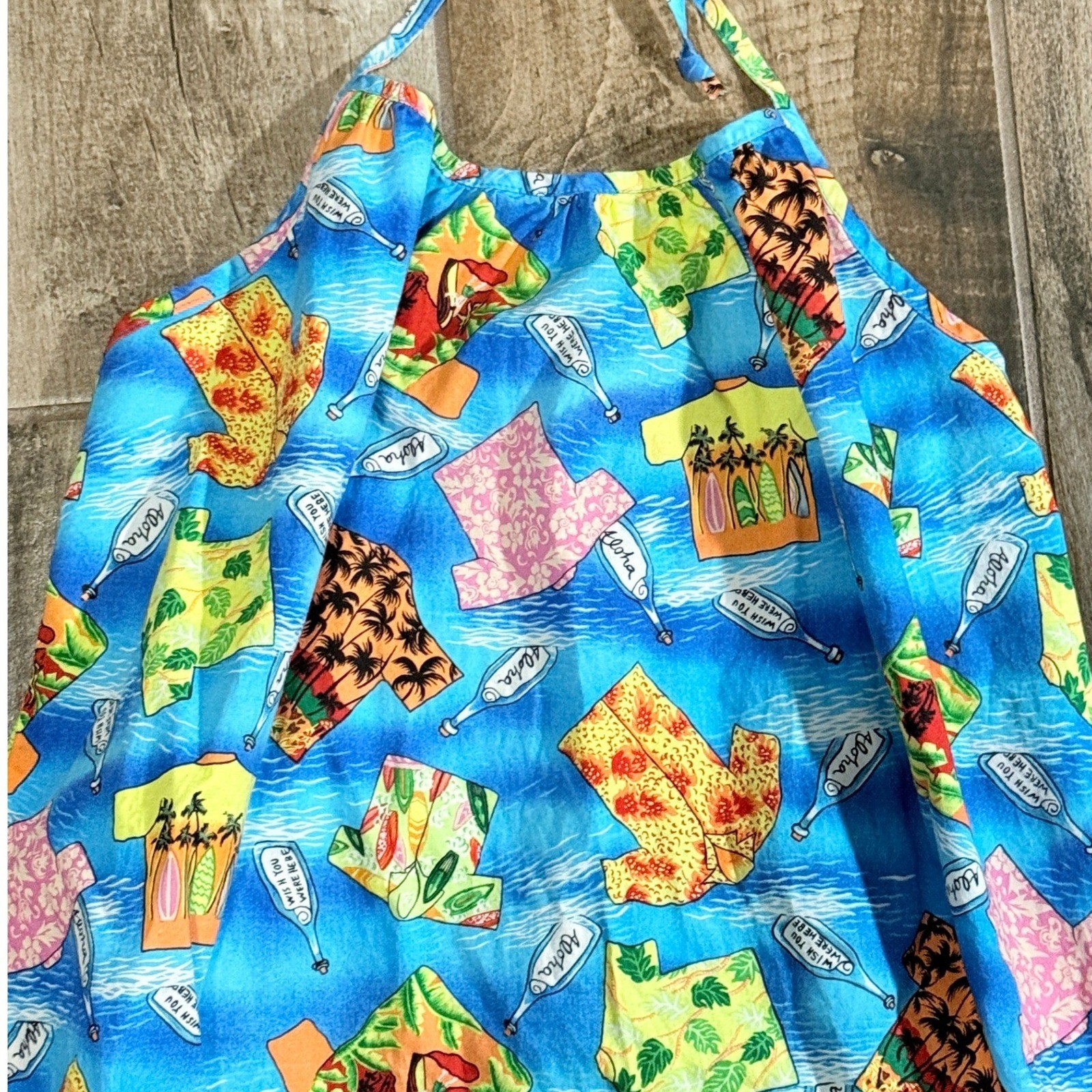 Hilo Hattie Womens VTG Message In Bottle Novelty Hawaiian Halter Dress, Blue, L
