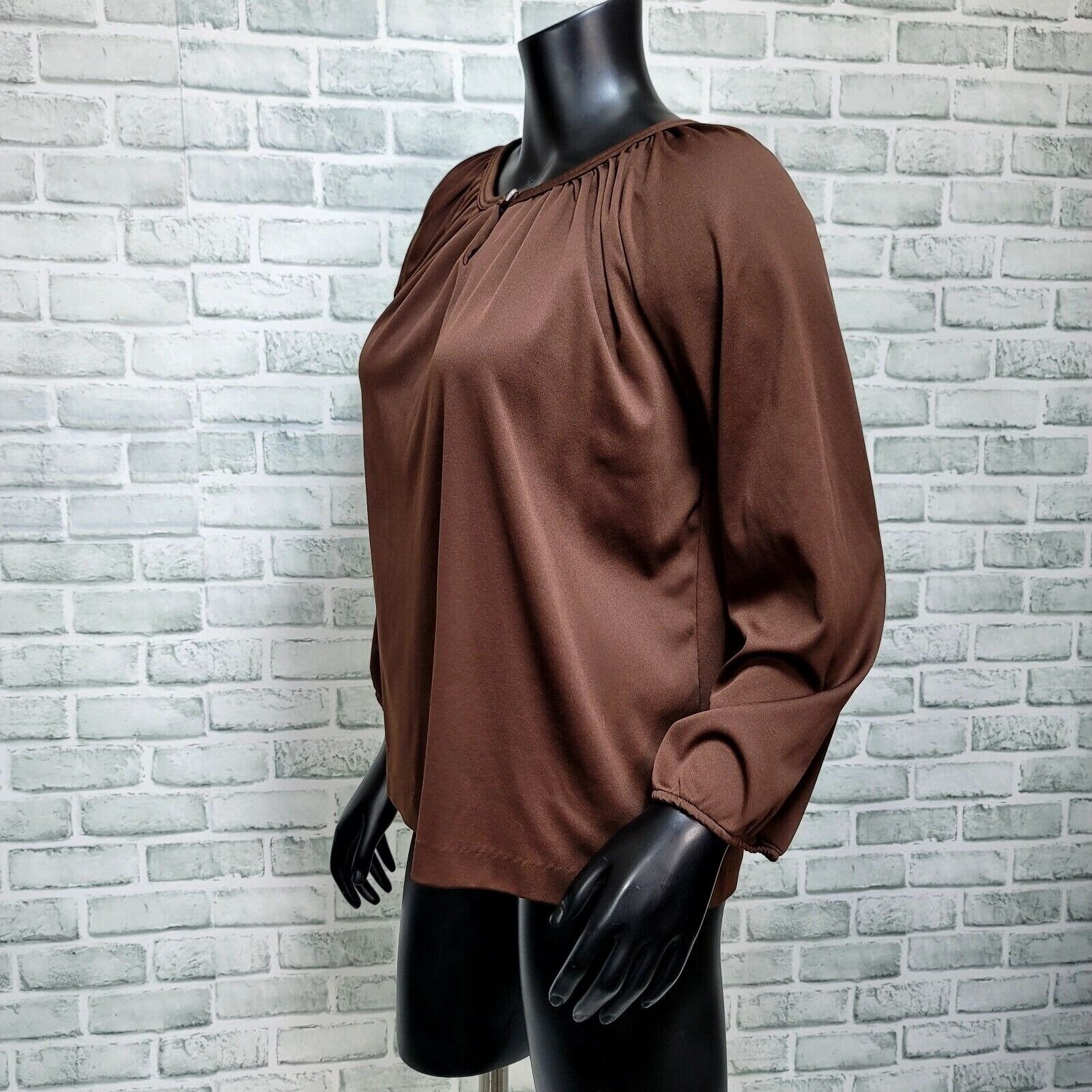 Vintage 70s Brown Polyester Blouse Womens M Bell Sleeve Disco Keyhole Neckline