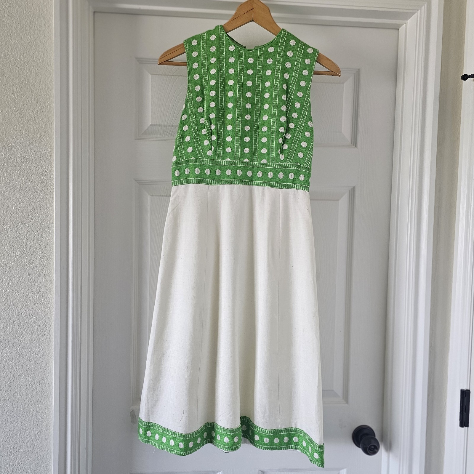 1960s Vintage Lime Green White Polkadot Midi Sleeveless Linen Boucle Dress #12