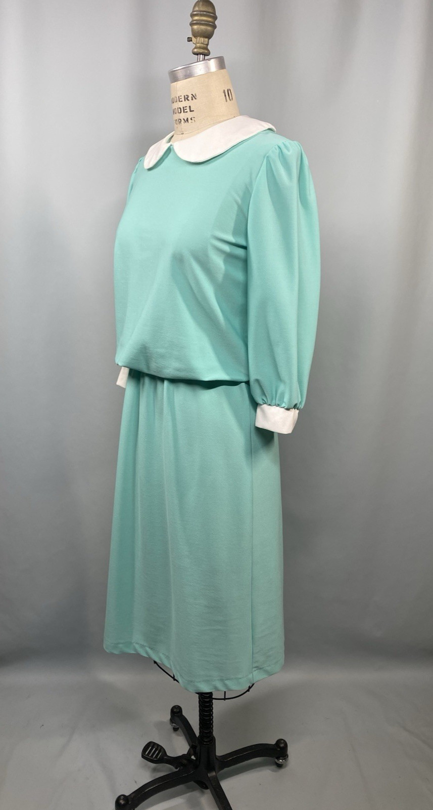 Vintage Dress JUNIORS SIZE MEDIUM teal turquoise 70s 80s Peter Pan collar