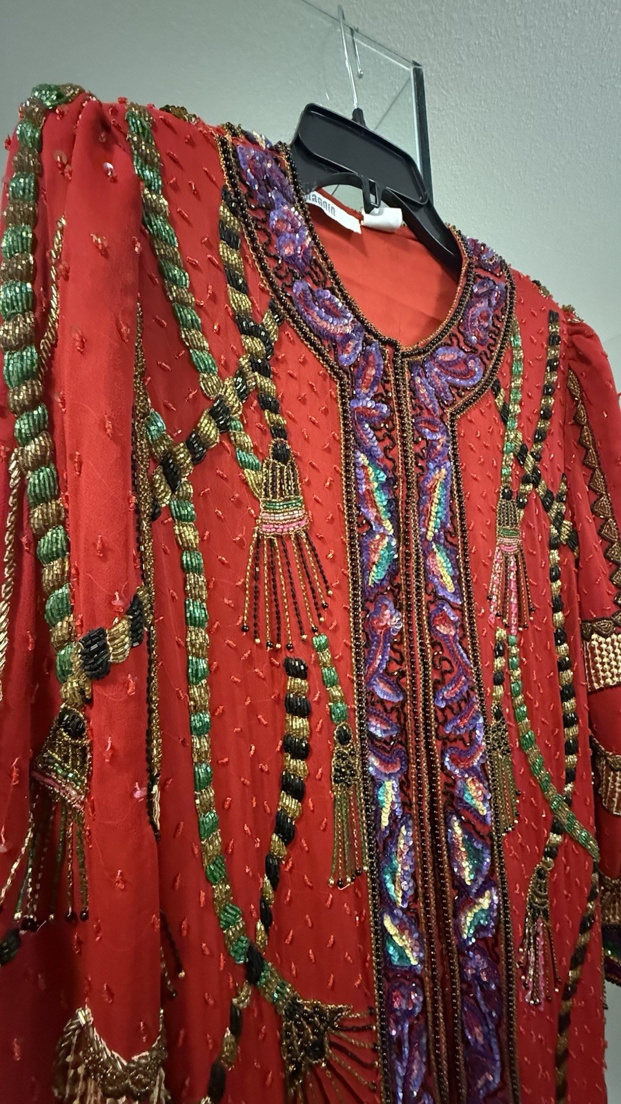 Vintage I. Magnin 100% Silk Red Beaded Sequin Evening Jacket India Size S
