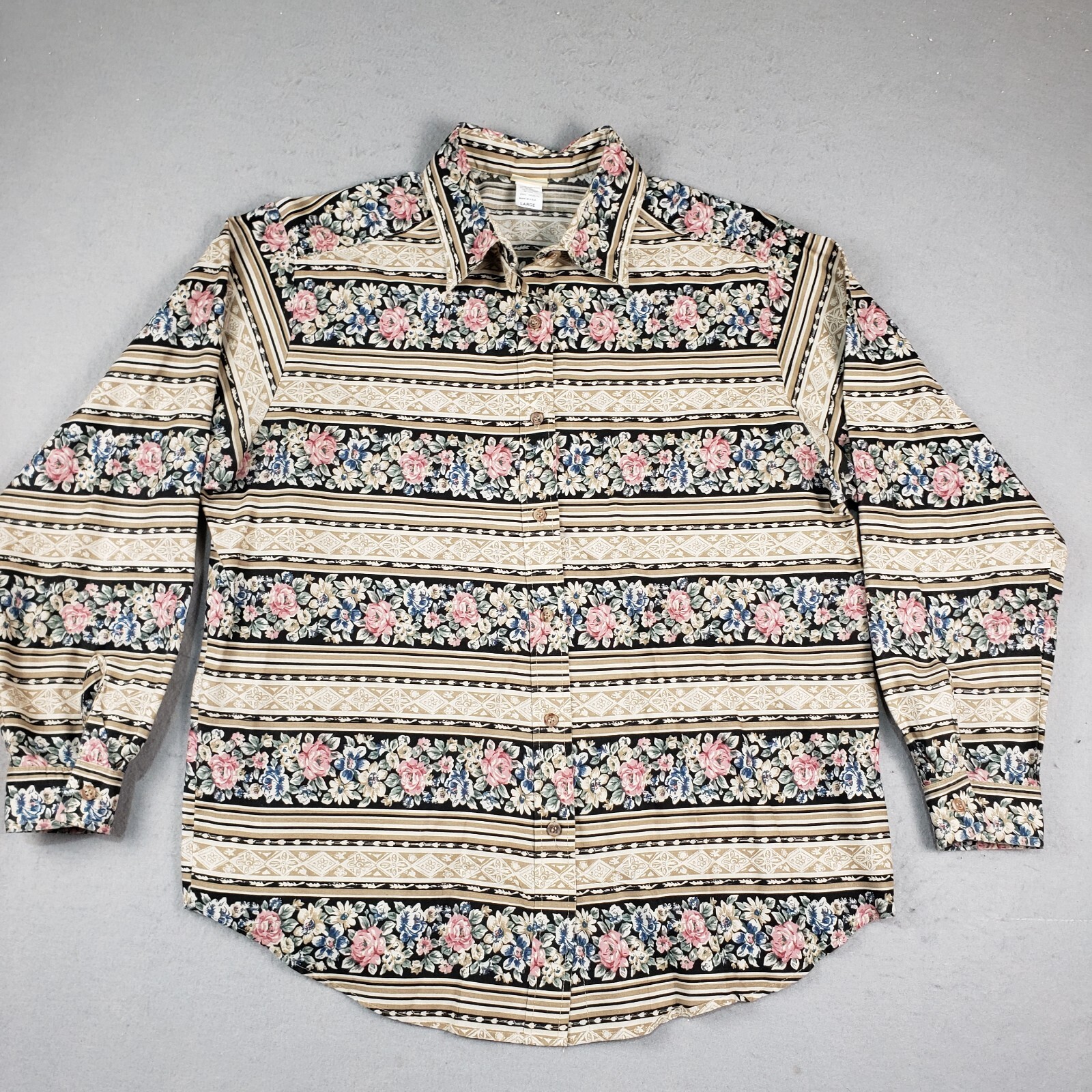 VTG Vivaldi Jeanswear Button Up Short Sleeve Foral Stripe Print Women’s Large