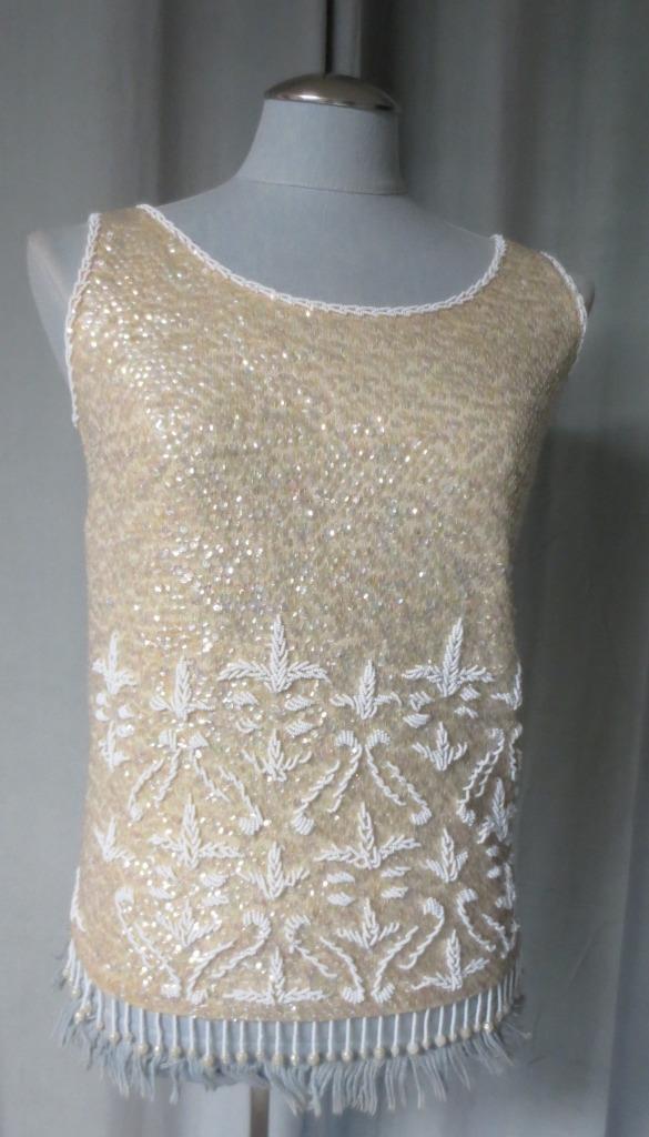 Vtg Hong Kong Wool Lined Sparkle Sequins Cream Shell Dangly Fringe Size Medium