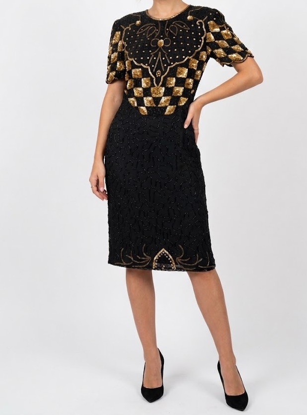 SWEELO Vintage Silk Beaded Black Gold Dress India Art Deco Sequin S 6-8