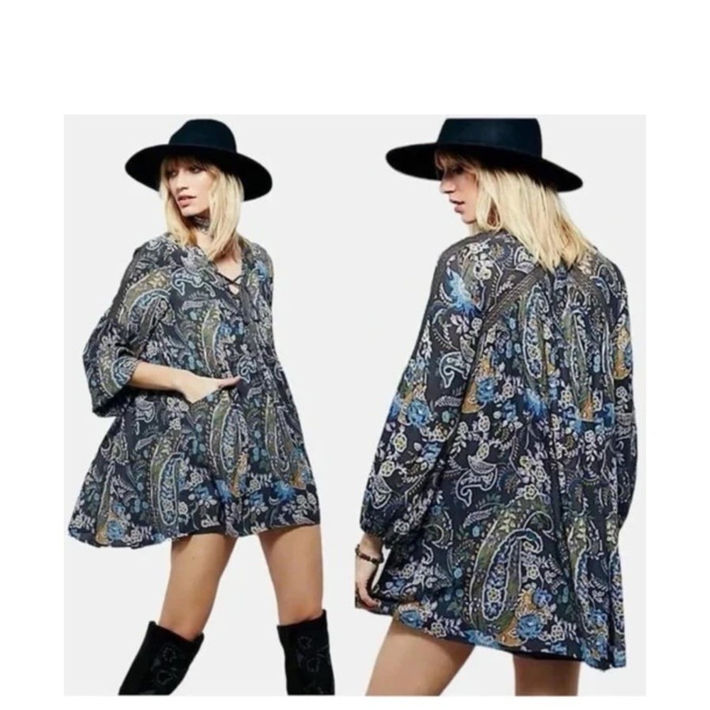 Free People Mini Dress Boho Baby Doll Lined Moss green S/P Peasant Flowy 80s