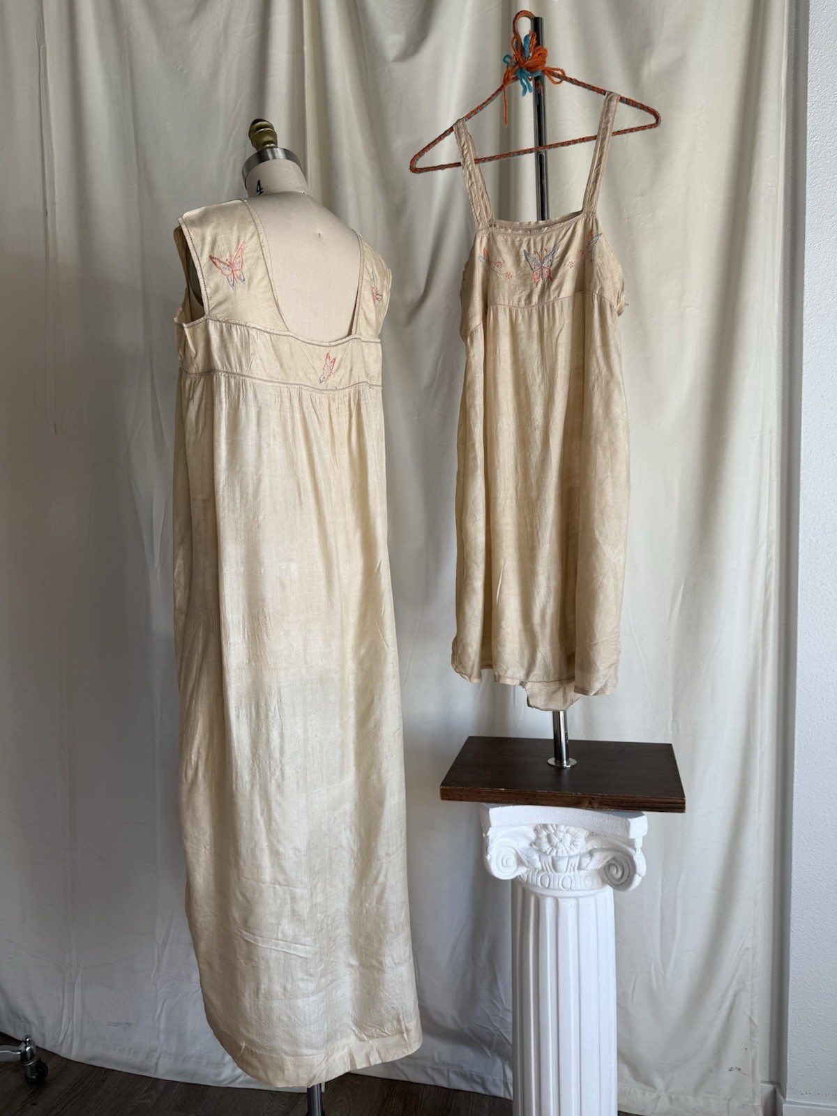 Antique 1920’s Pongee Slip Step-in Butterfly Embroidery Chemise Écru Silk Set