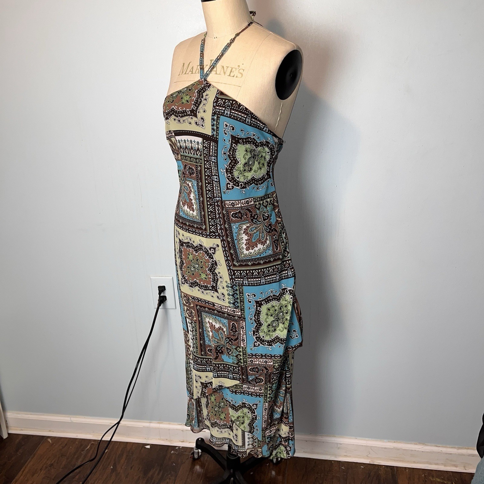 Vtg Y2K Paisley Patchwork Blue Brown Whimsy Fairy Halter Dress Asymmetric Hem 10