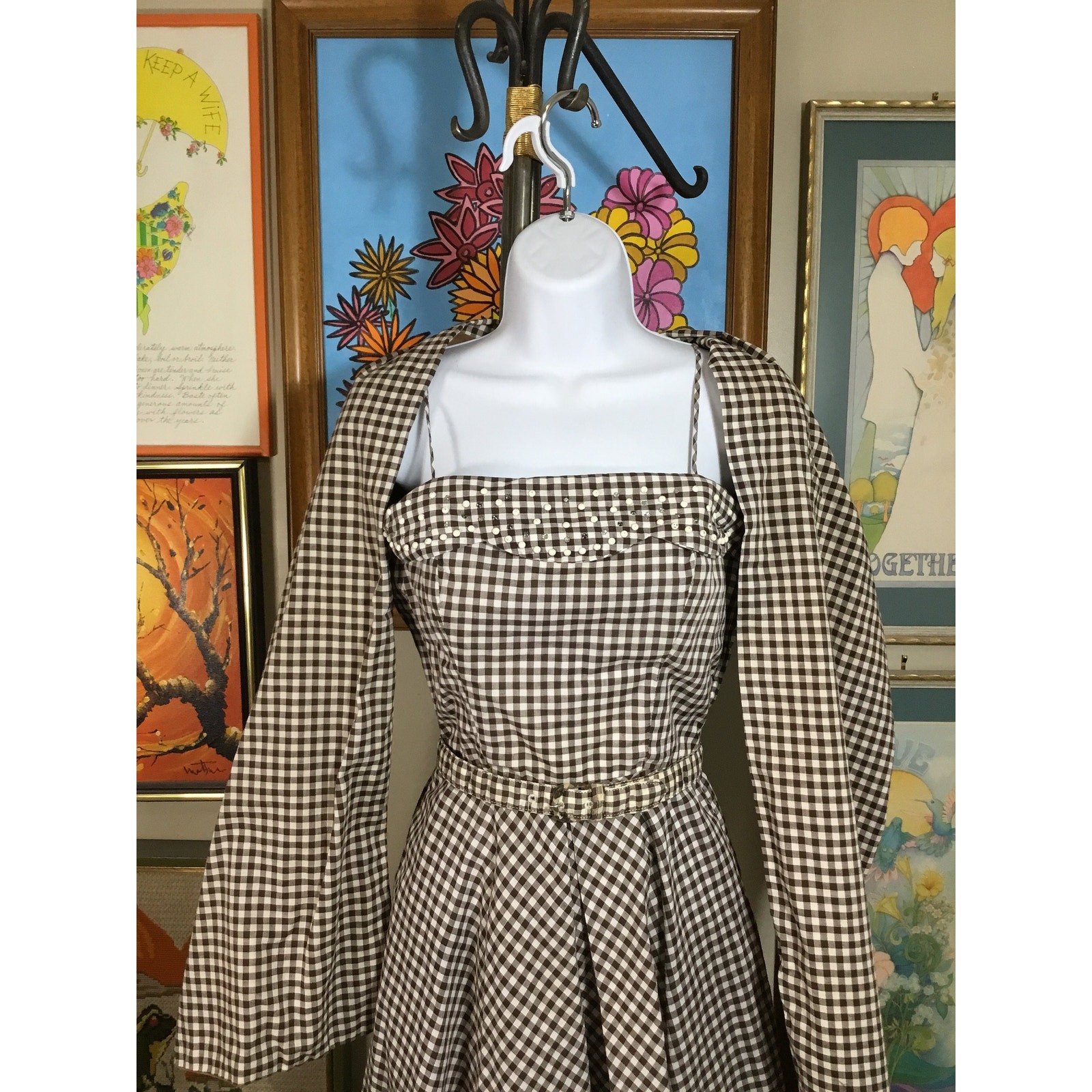 1950s Brown Gingham Sundress Vintage Cotton Check Dress with Shawl Set Small MCM