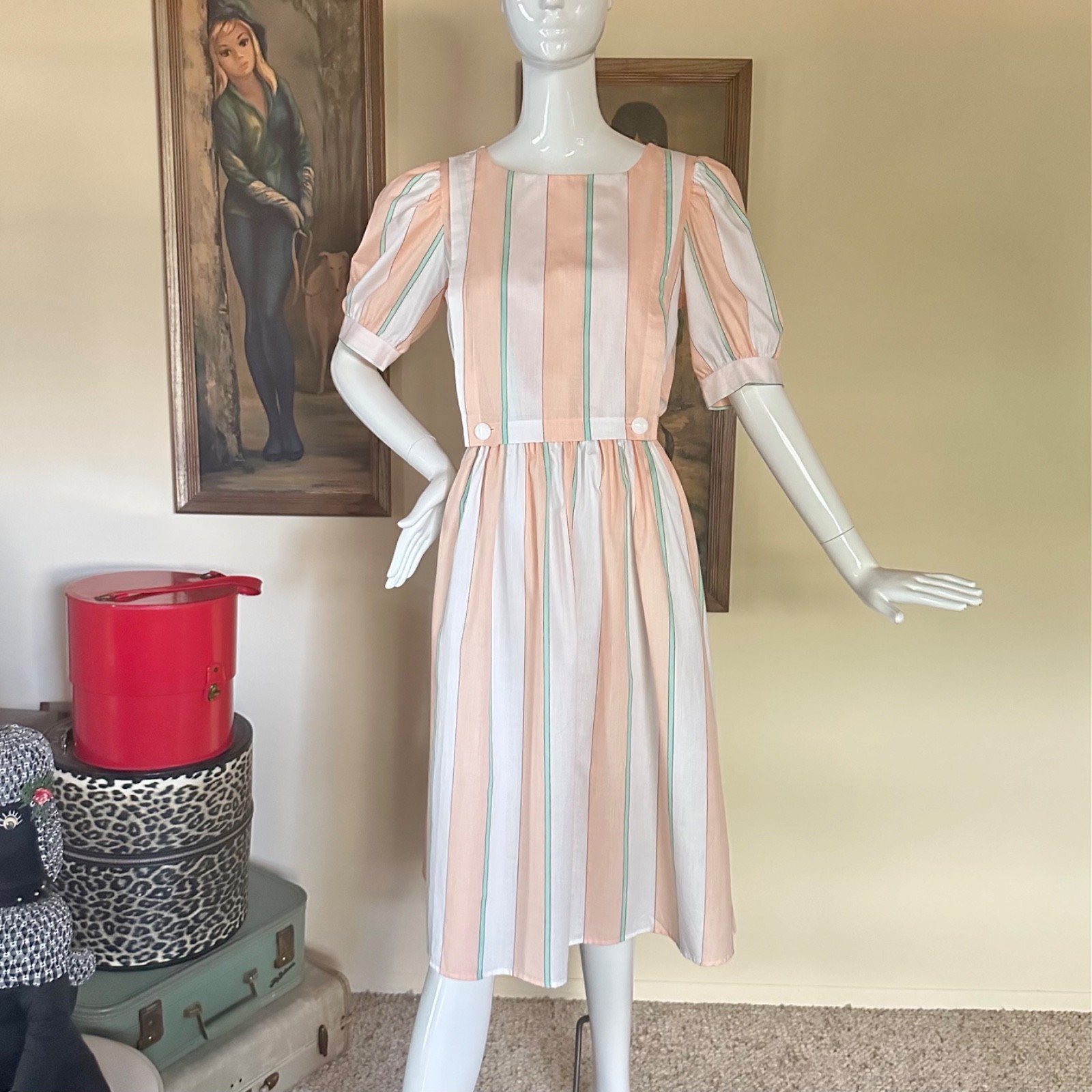 Vintage 1980s Preppy Ice Cream Pastel Striped Apron Day Dress Puff Sleeves M