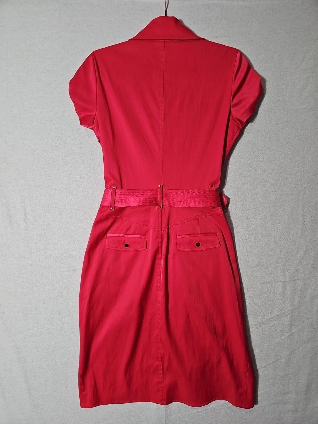 Vtg 90s/Y2K CACHE Dress 8 Pink Belted V Neck Short Sleeve Faux Wrap Gold Button