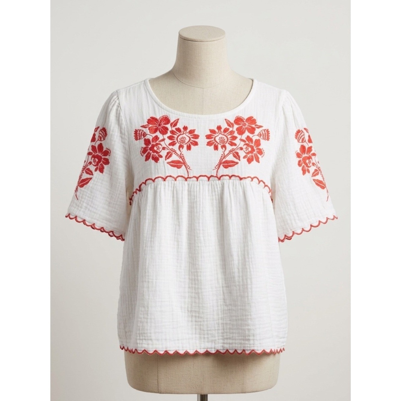 Old Navy Embroidered Crinkle Gauze Boho Peasant Top Orange Floral Scallop XL