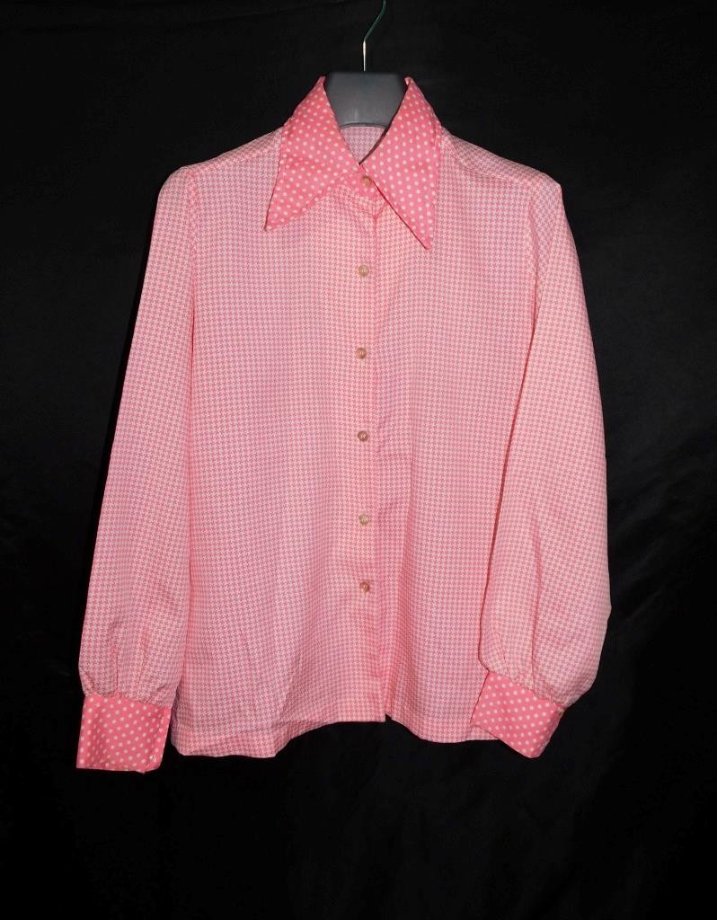 Vintage 70s Alice Stuart M Pink White Houndstooth Polka Dot Shirt Blouse Retro