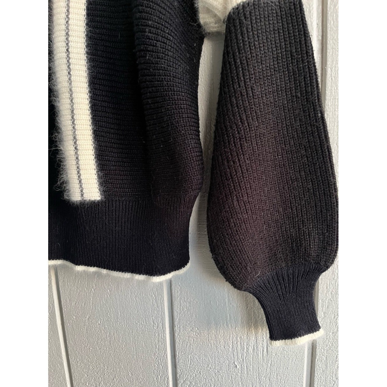Vintage Angora Blend Knit Sweater Black + Cream Contrast Colorblock Size M
