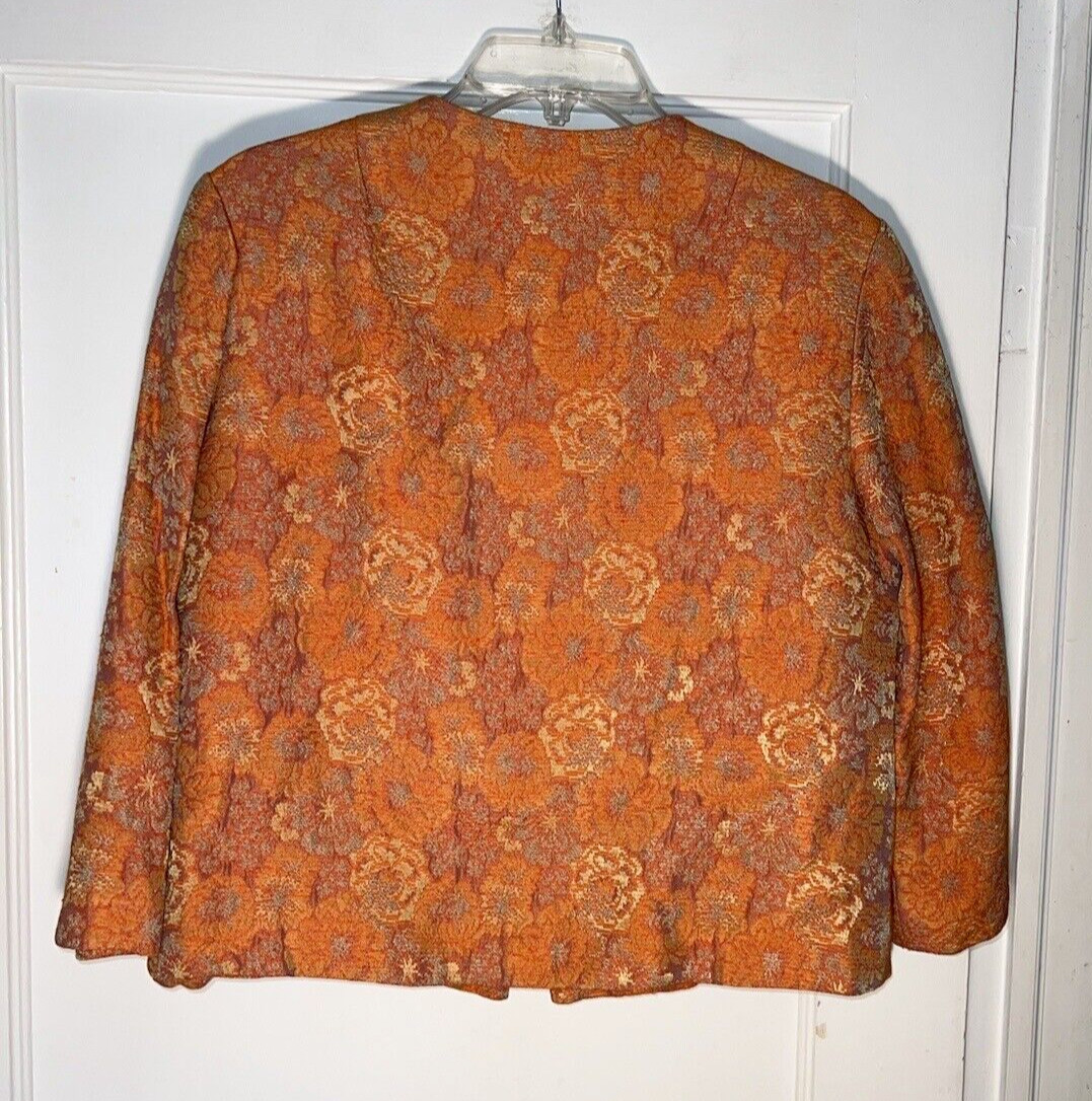 Vintage L’Aiglon 1950’s Orange Floral Rayon Brocade Dress Jacket Size M. d240