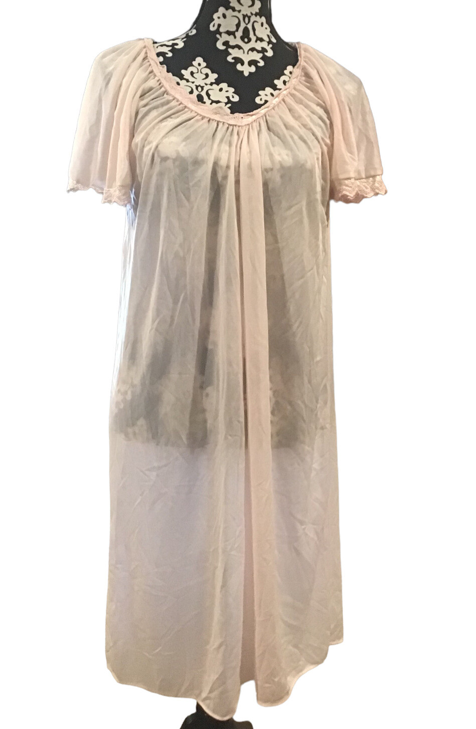 Miss Dira Vintage Sheer Satin Nightgown Small Pink Crochet Lace Trim Lingerie.