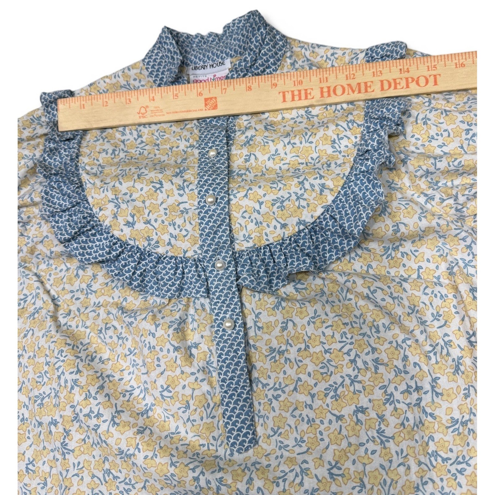 Vintage Liberty House Dress Women M Petite Yellow Blue Floral Good Times Ruffle