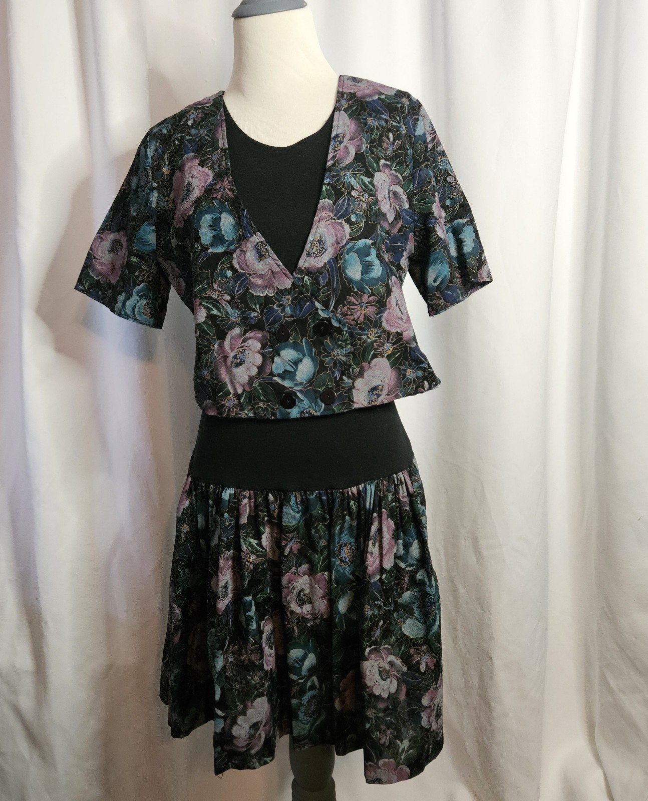 Vintage 80s Glenfrey Fashions Purple Floral Mini Dress 2 Piece Look Sz 7/8