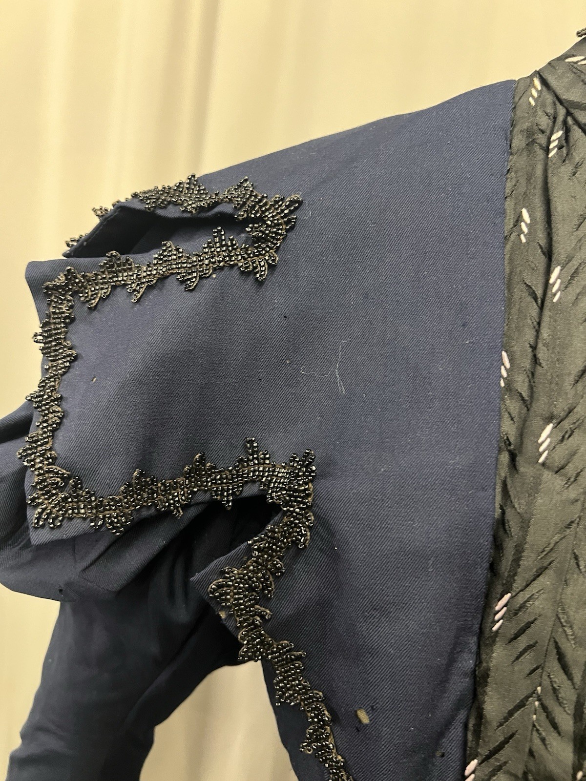1890’s Royal Blue Bustle Gown Bodice Trimmed In Jet Beads & Silk