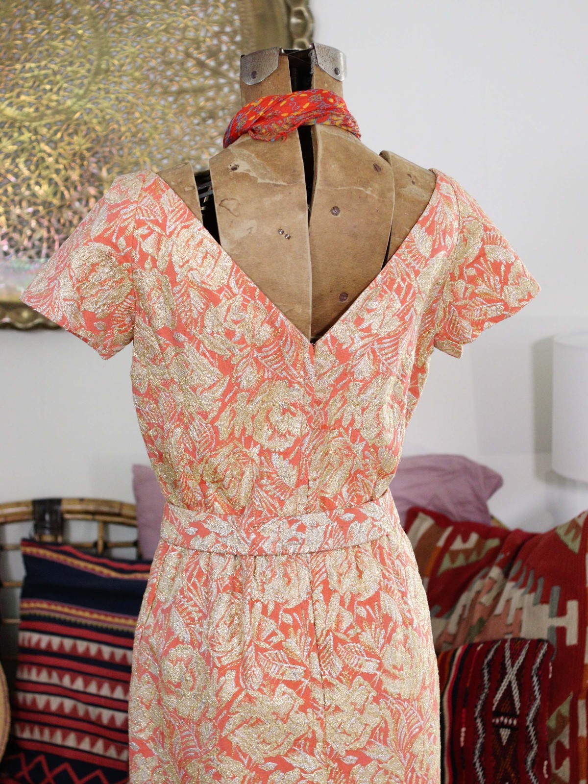 Vintage Ceil Chapman 1950s Designer Wiggle Dress Coral Pink Metallic Gold Rose