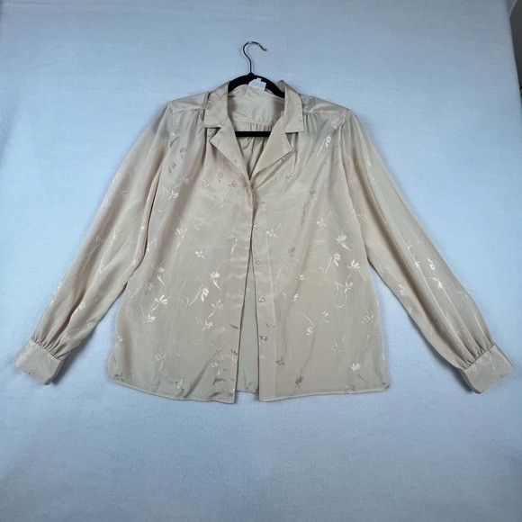 Vintage 70s Campus Casuals Floral Tie Neck Blouse Women’s M Champagne Button Up