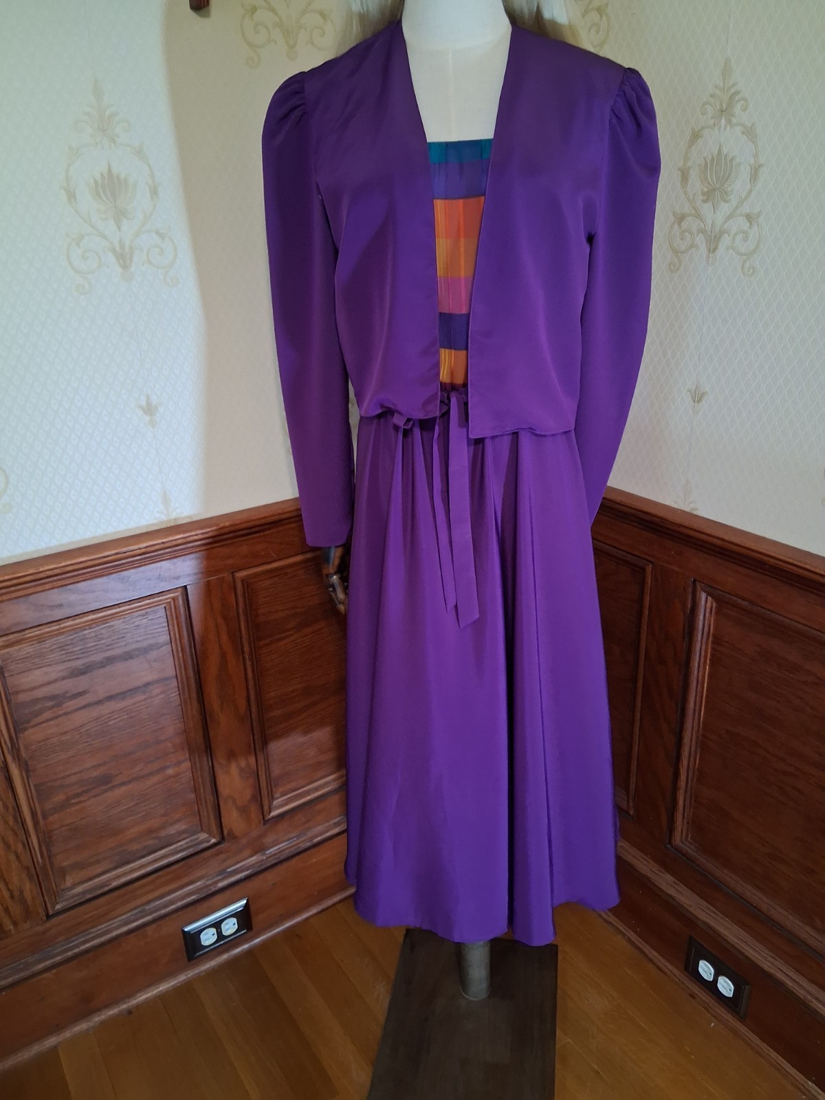 Vintage 1980s Caron Chicago 3-piece Purple Plaid Flowy Cottagecore Sundress Suit