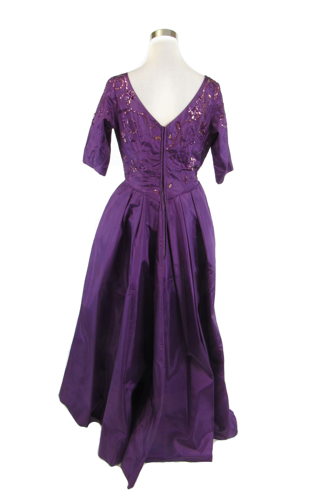 Purple silk 1/2 sleeve sequin trim beaded ball gown vintage dress S
