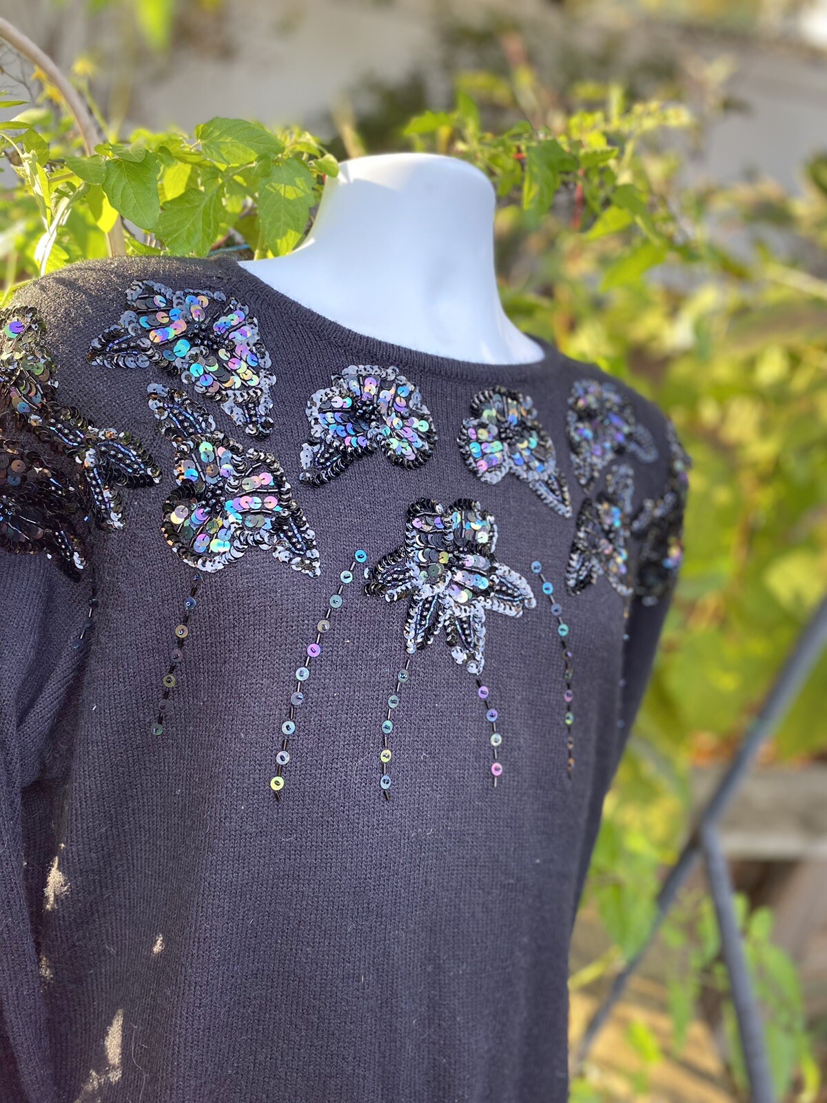 VINTAGE Black SEQUIN SWEATER 1980’s Angora Blend 42 Inch Bust