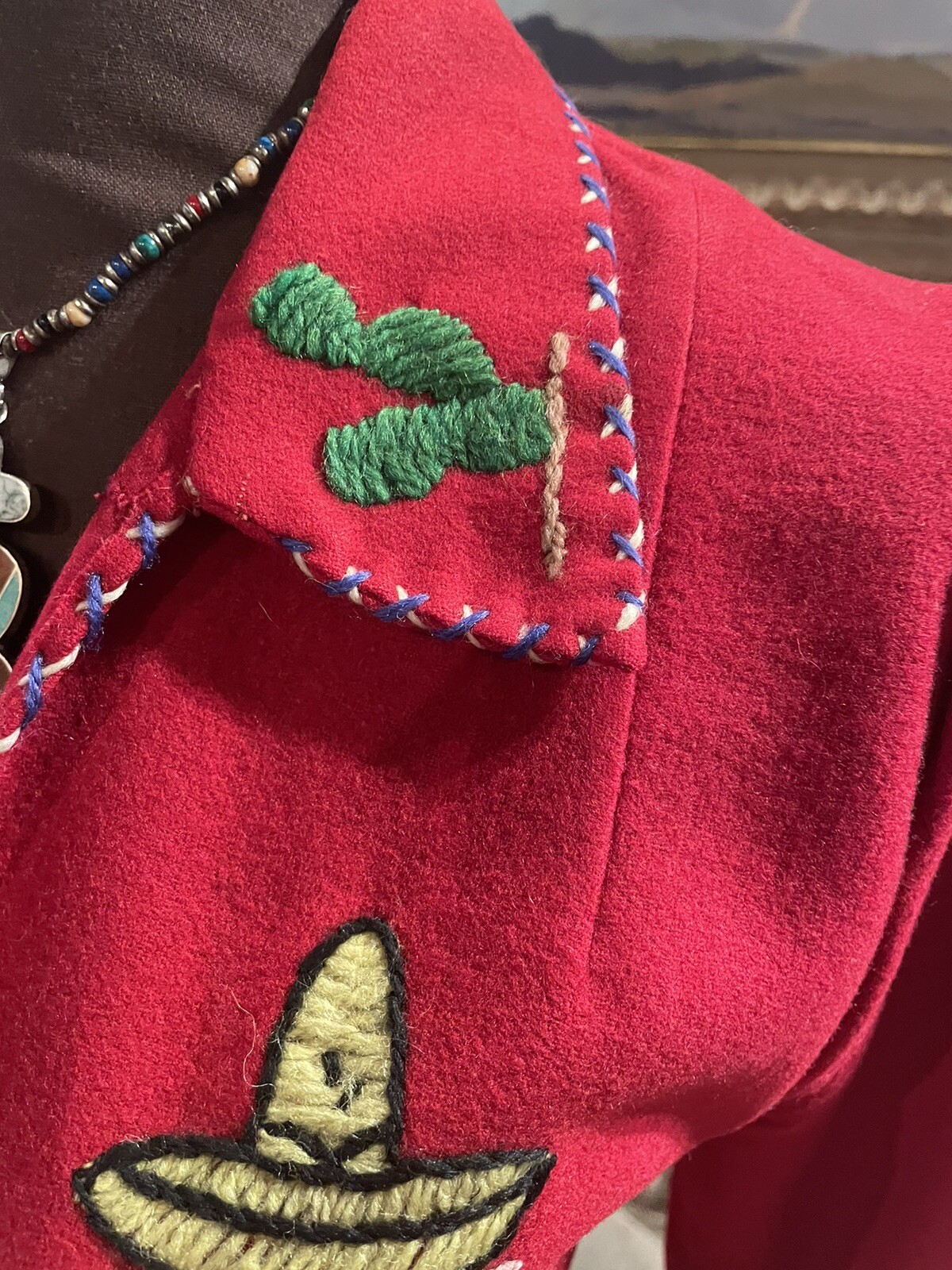 1950s Red Wool Felt Embroidered Mexican Tourist Jacket Size S