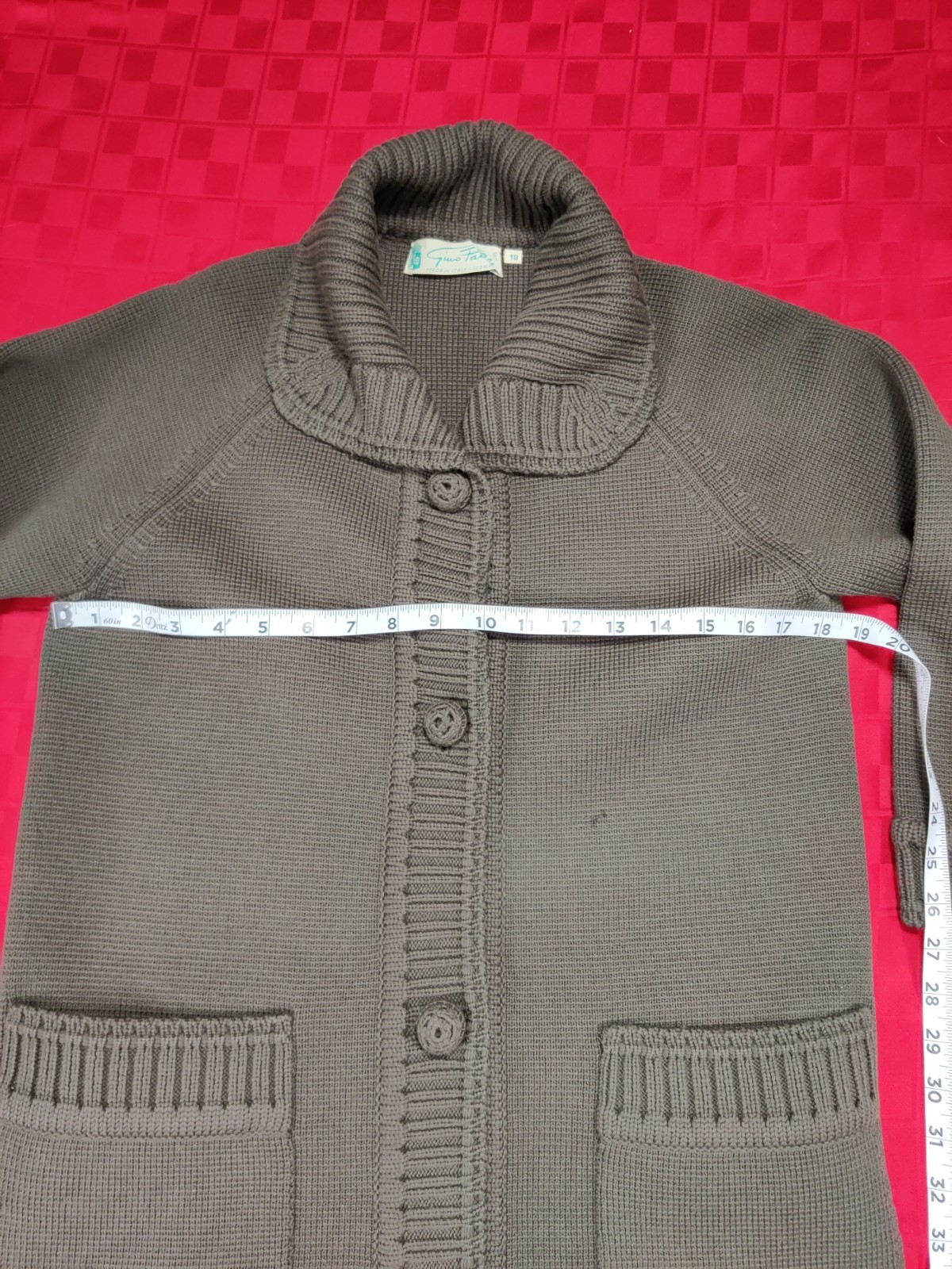 VGT. Gino Paoli Wool Long Cardigan 3/4 Sleeve Curved Collar Pockets Green 10
