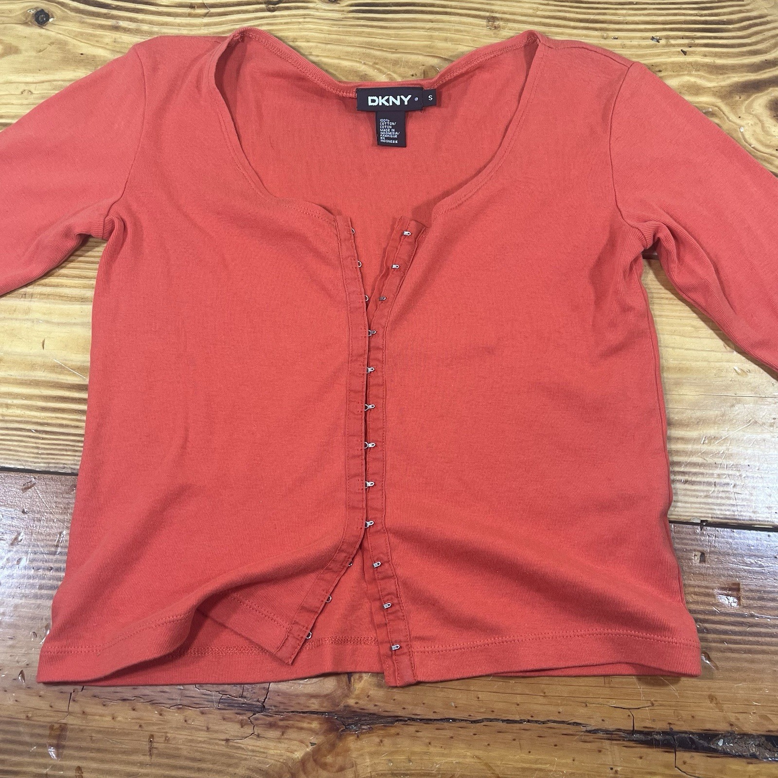 Y2K Vintage DKNY Top Shirt Size Small Cotton ORANGE Scoop Clasp Front Women’s
