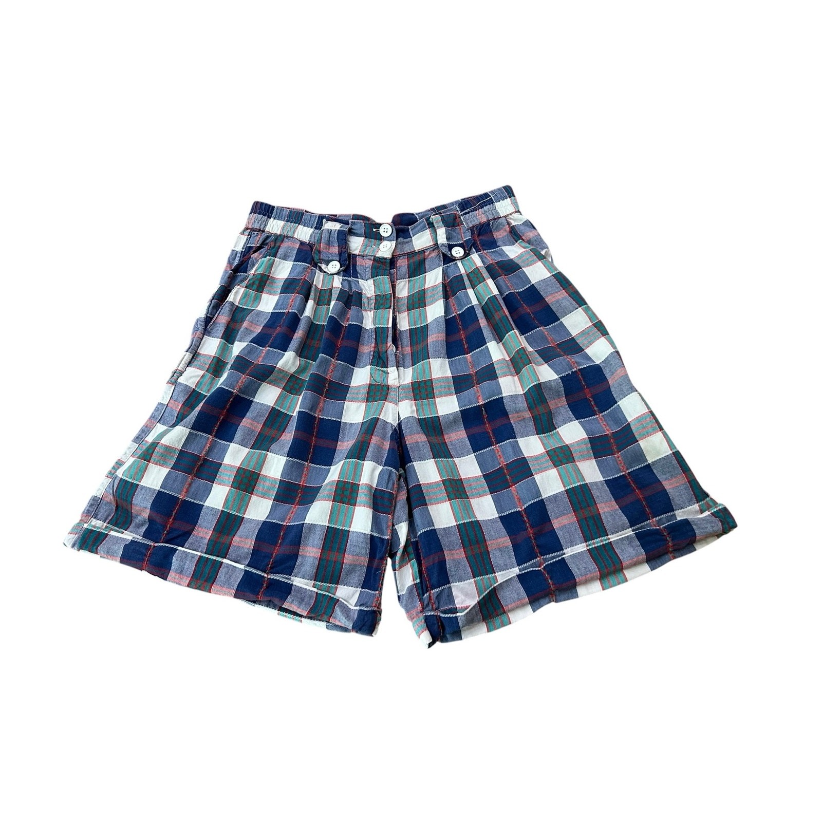 High Waist Plaid Shorts Vintage 80s Embroidered Pleated Cotton M/L Preppy ^