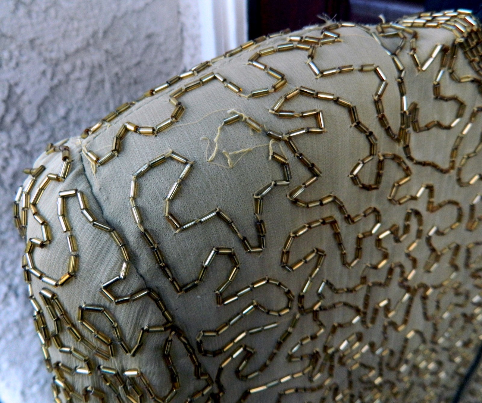 LAURENCE KAZAR VINTAGE DRESS GOLD SILK BEADED SZ Petite Large SHORT SLEEVE