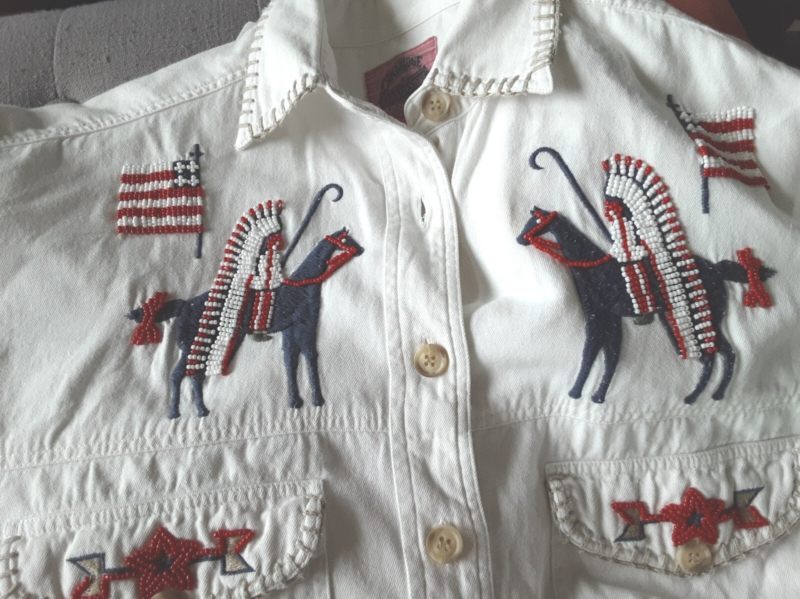 VTG/RARE•BEADED WESTERN SHACKET•INDIAN CHIEFS•HORSES•FLAGS•SZ S-M•CAMBRIDGE CO.