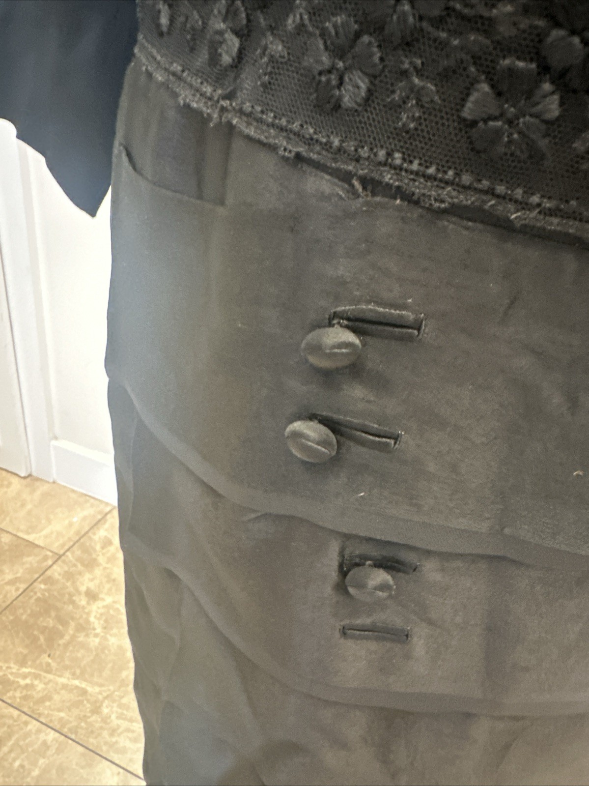 Vintage 1920s Black Satin Tiered Drop Waist Pussy Bow Lace & Embroidered Dress