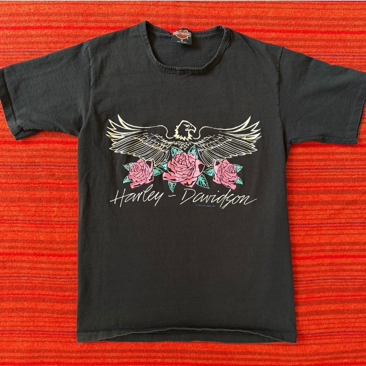 Vintage 1991 Harley Davidson Las Vegas Glitter Roses Eagle Graphic Tee Holoubek
