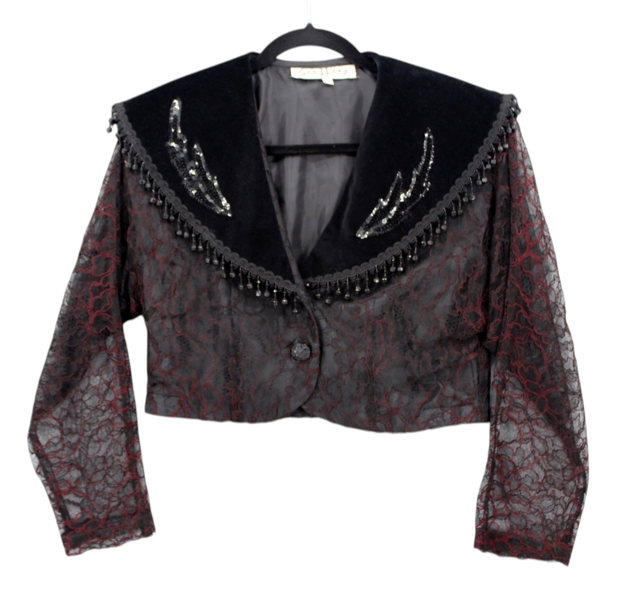 Sue Wong Bolero Jacket Medium Black Burgundy Lace Velvet Sequin Beaded Fringe