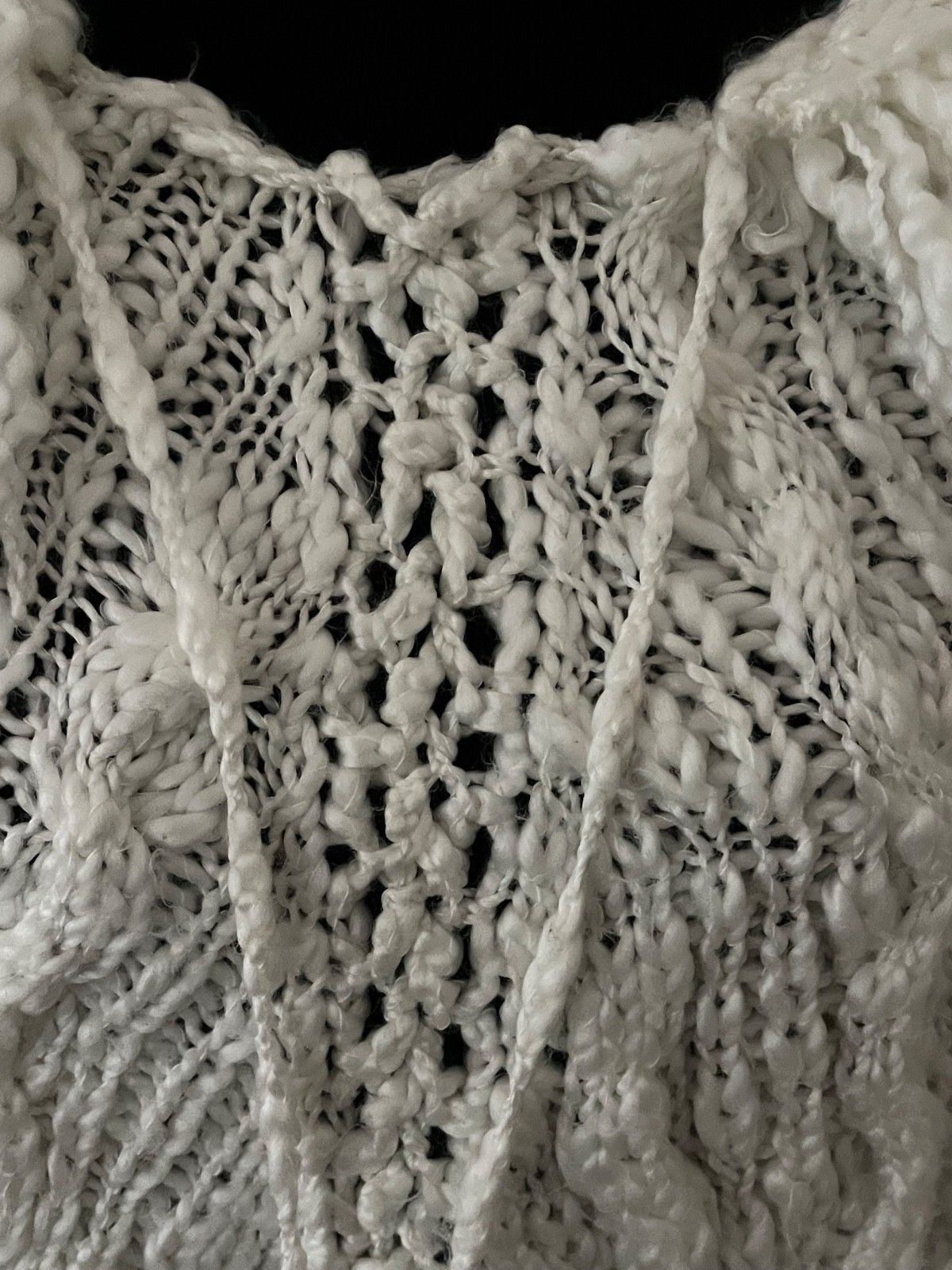 Adorable vintage white knit poncho with hood, fringe and pom poms