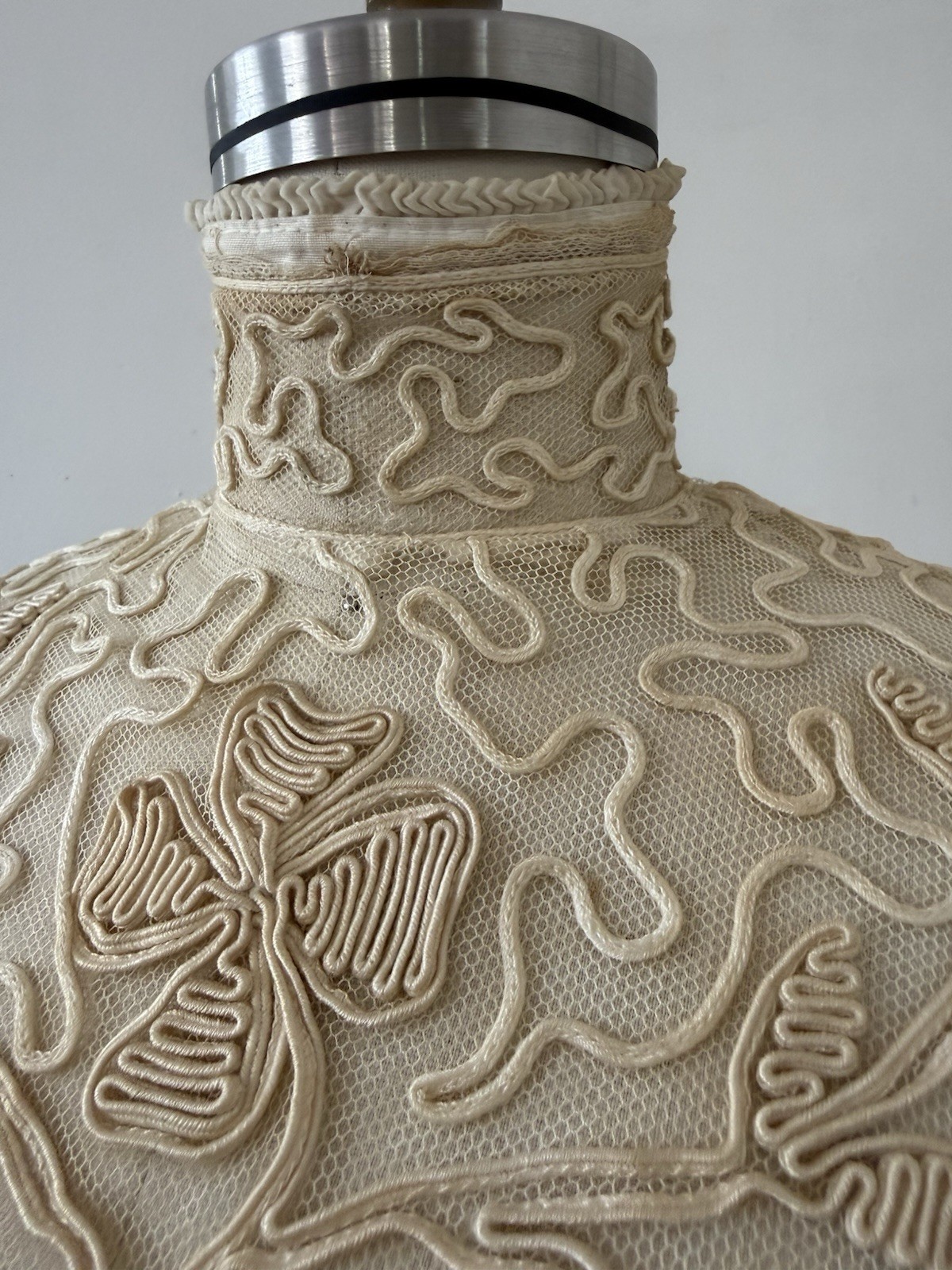 Antique Sheer Net Lace Blouse Top Cord Soutache Embroidery Art Nouveau Bridal XS