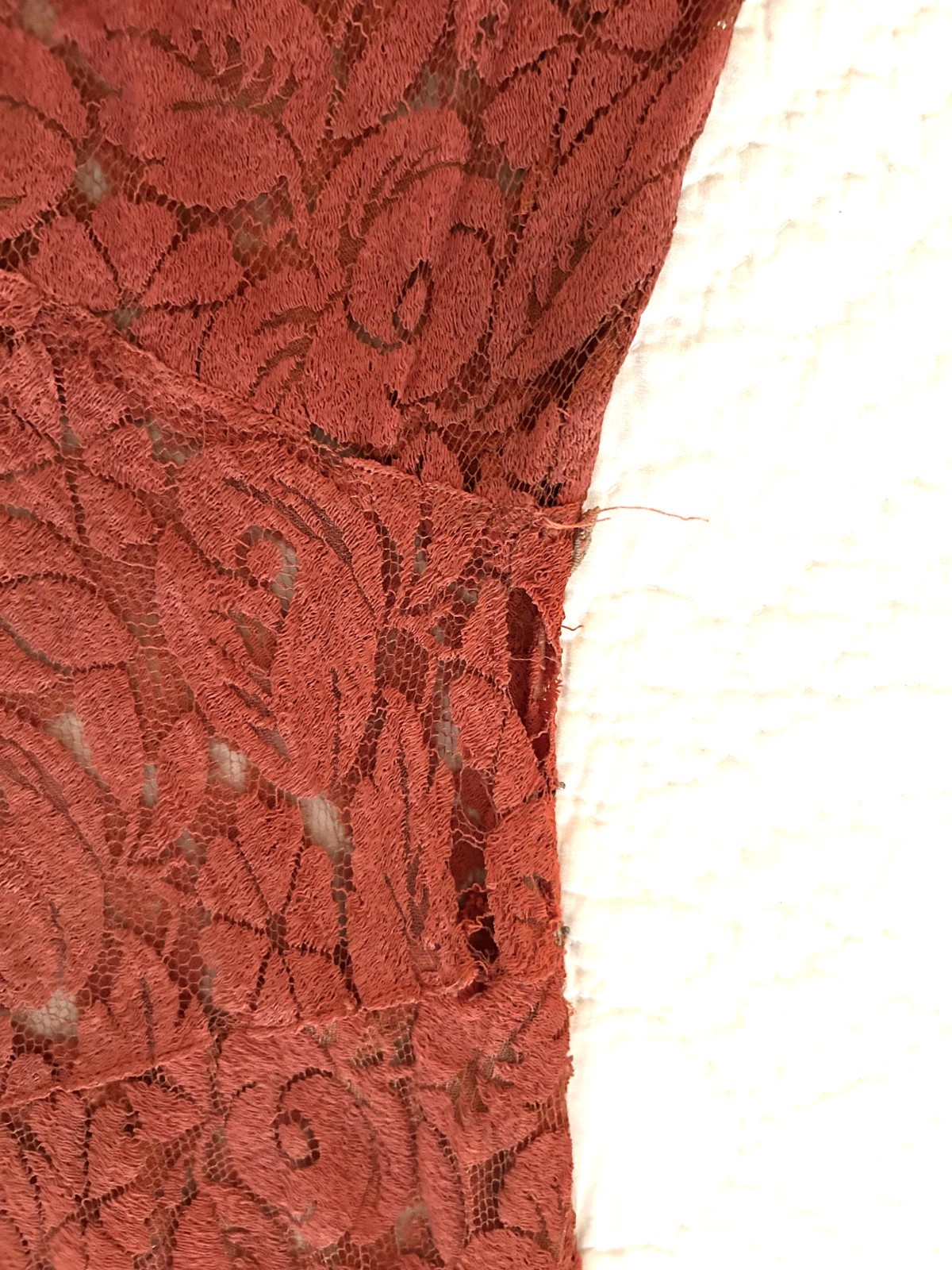 Vintage 30’s long coral lace sleeveless dress matching fur trim lace cape XS-S