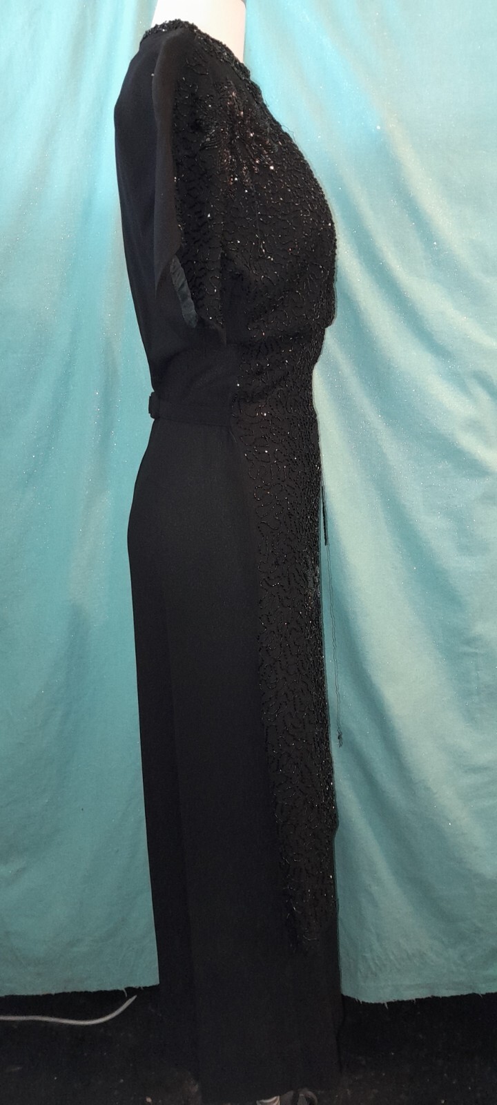 Vtg 1940s Rayon Crepe ENCRUSTED Beaded Black Evening Cocktail Long Sash Dress M