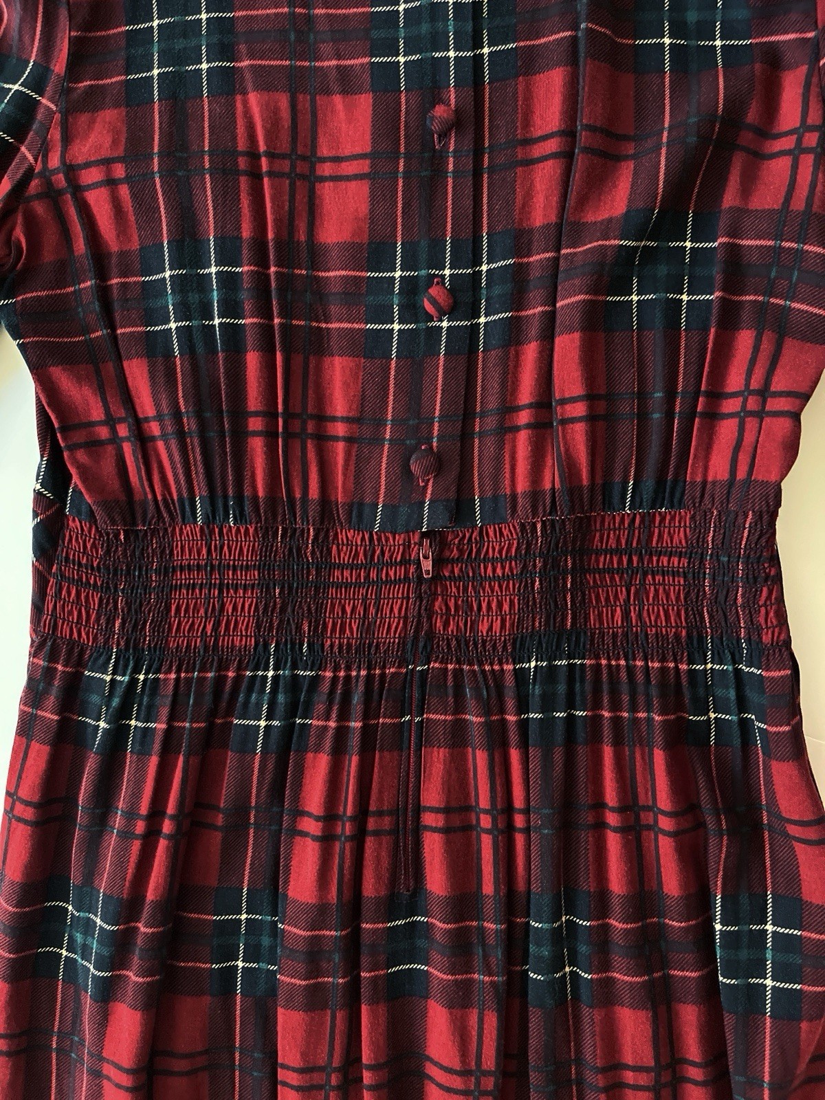 Karin Stevens VTG Dress S/M Petite Red Plaid Pleated Smocked Cottagecore