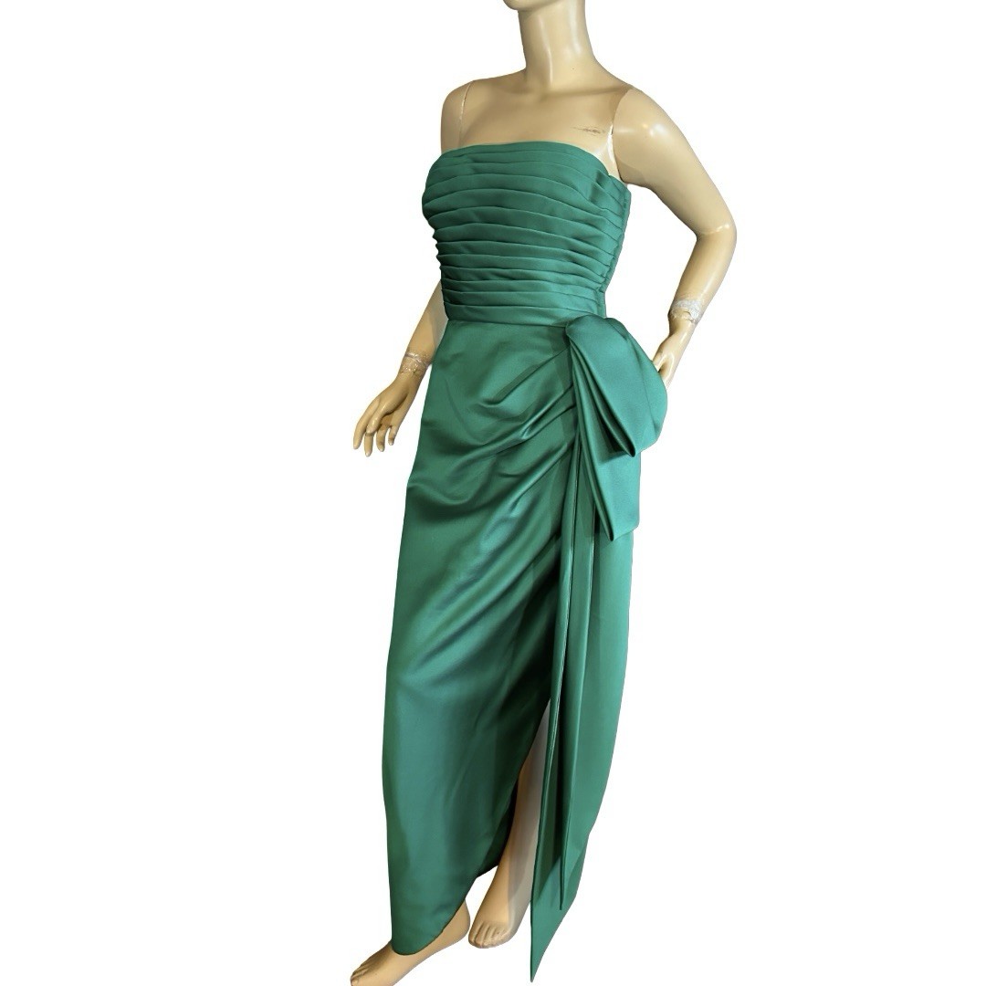 WOMEN’S VINTAGE 1980’S VICTOR COSTA GREEN STRAPLESS SATIN FORMAL DRESS SZ 6