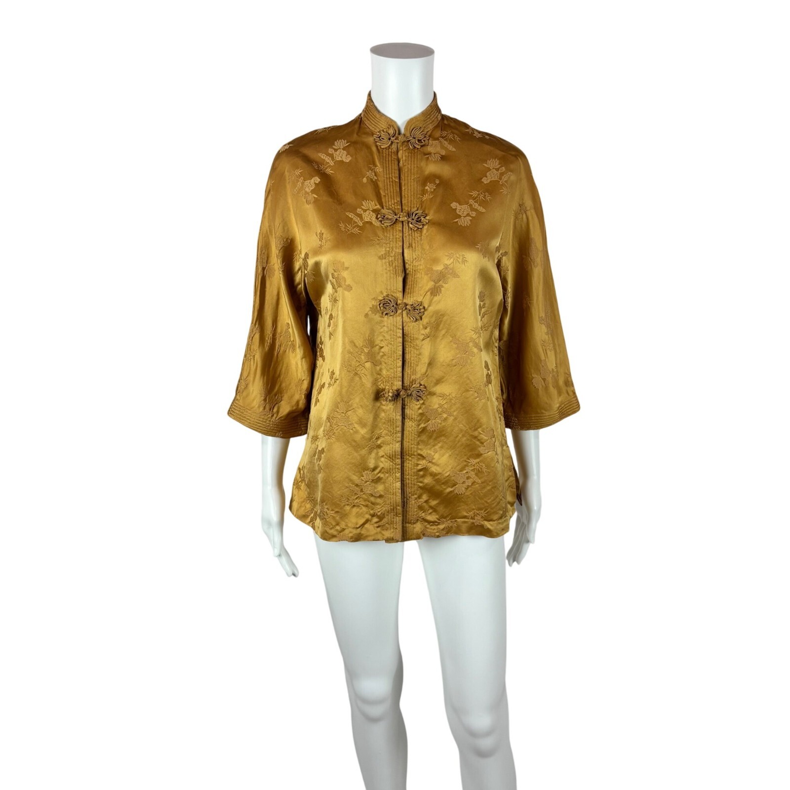 Vintage 70s Cheongsam Jacket Women’s Small Gold Floral Jacquard Frog Closures Dy