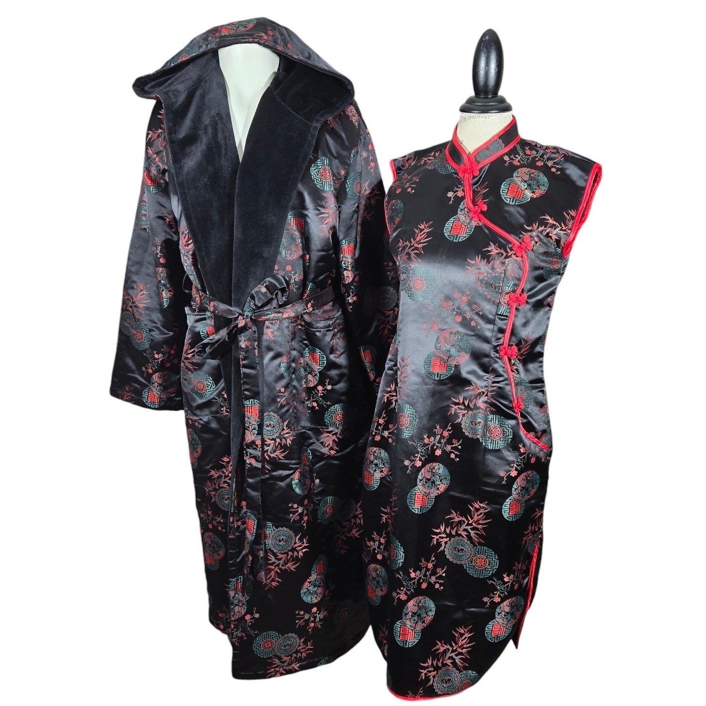 Asian Inspired Satin Brocade 2 Pc Set Robe & Cheongsam Style Dress Black Red
