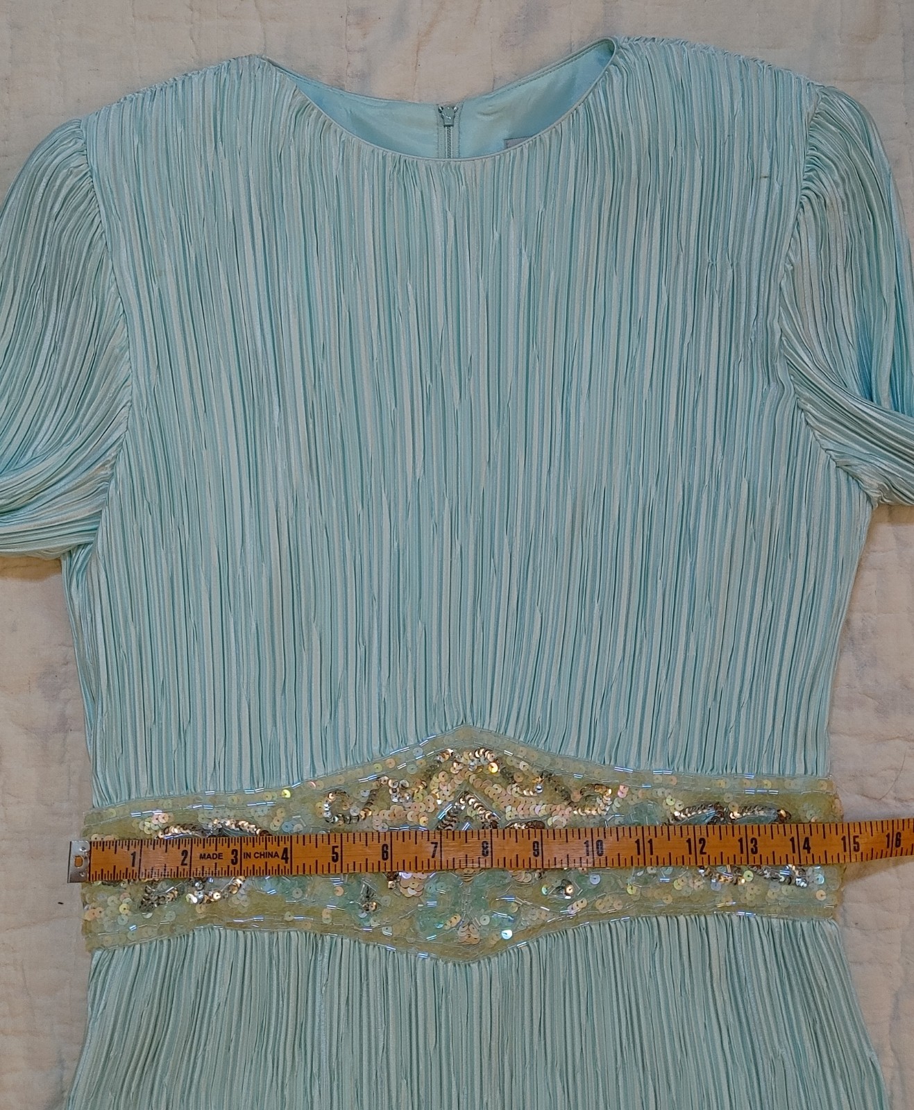 Vintage Ricki Lang Nuit Fortuny Pleat Evening Dress Deco Sequin 14 USA Union tag