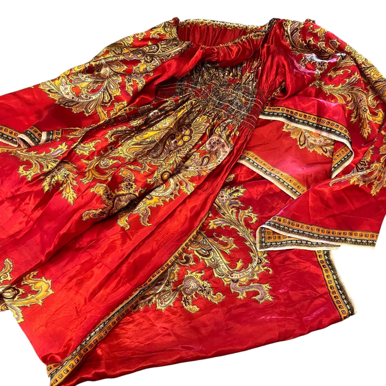 Vintage 1970s Red Kaftan Maxi Dress Asian Paisley Bell Sleeve Boho Pre-Owned