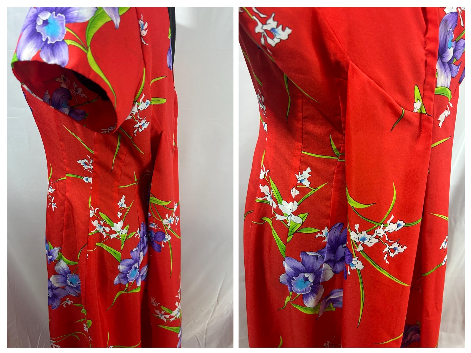 Vtg Fashion by Loke Red with Purple Flower Design Princess Style Cut Dress M-L