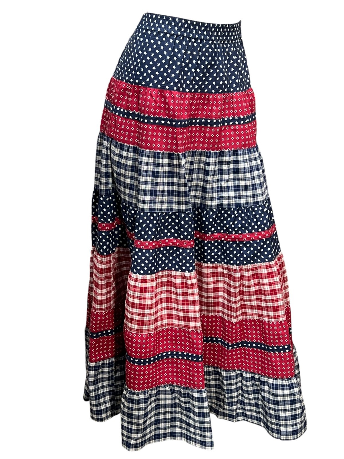 Vtg 90s Sz M R/W/B Tiered Maxi Skirt CottageCore Praire Cotton Prairie Cambridge